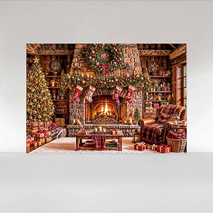 Painel de Festa em Tecido Sublimado Cenário de Natal Rústico com Lareira