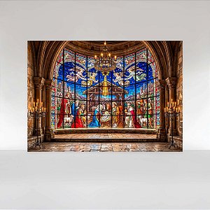 Painel de Festa em Tecido Sublimado Presépio de Natal em Vitral