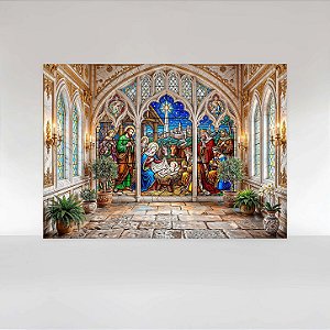 Painel de Festa em Tecido Sublimado Presépio de Natal em Vitral