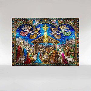 Painel de Festa em Tecido Sublimado Presépio de Natal em Vitral