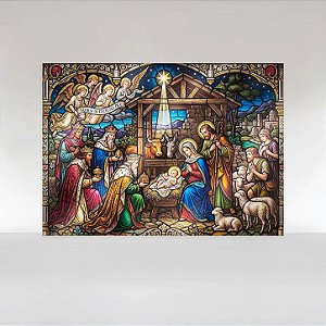 Painel de Festa em Tecido Sublimado Presépio de Natal em Vitral