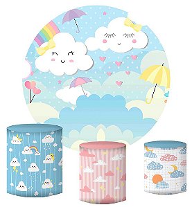 Kit Painel Redondo De Festa e Capas de Cilindro em tecido sublimado Chuva de Amor Mod2