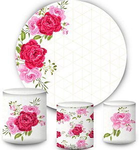 Kit Painel Redondo De Festa e Capas de Cilindro em tecido sublimado Flores Rosas