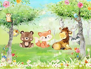 Painel Bosque Animais Cute Bichos Redondo Estampado em Tecido Malha