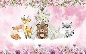 Painel de Festa em Tecido Sublimado 3d Animais bosque mágico rosa