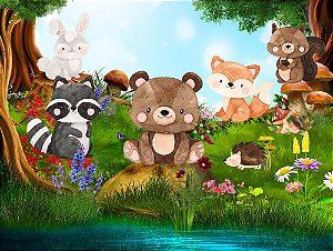 Painel de Festa em Tecido Sublimado 3d Animais Bosque Mágico Mod2