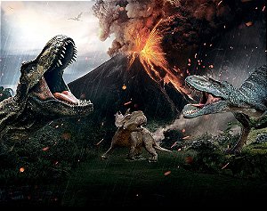 Painel de Festa em Tecido Sublimado 3d Vulcão Dinossauros