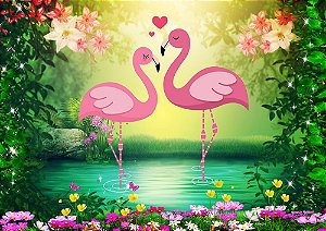 Painel de Festa em Tecido Sublimado 3d Flamingos na Floresta