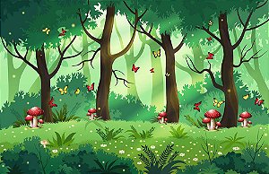 Painel de Festa em Tecido Sublimado 3d Floresta Cogumelos e Borboletas