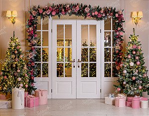 Painel de Festa em Tecido Sublimado Lojinha de Natal Rosa