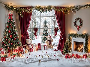 Painel de Festa em Tecido Sublimado Sala com Lareira de Natal
