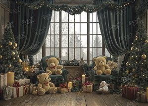 Painel de Festa em Tecido Sublimado Janela com Ursos de Natal
