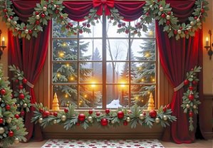 Painel de Festa em Tecido Sublimado Janela de Natal com Cortinas