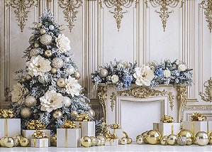 Painel de Festa em Tecido Sublimado Lareira de Natal e Flores