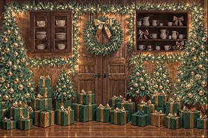 Painel de Festa em Tecido Sublimado Natal Verde e Rustico