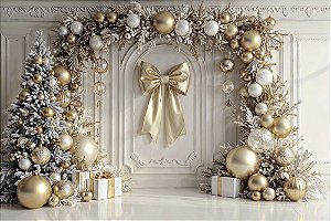 Painel de Festa em Tecido Sublimado Natal Dourado e Branco com Laço
