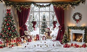 Painel de Festa em Tecido Sublimado Presentes de Natal e Ursinhos