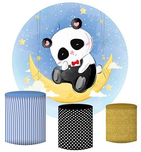 Kit Painel Redondo De Festa e Capas de Cilindro em tecido sublimado Panda Lua