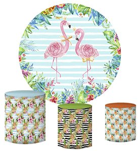 Kit Painel Redondo De Festa e Capas de Cilindro em tecido sublimado Flamingo Aquarela