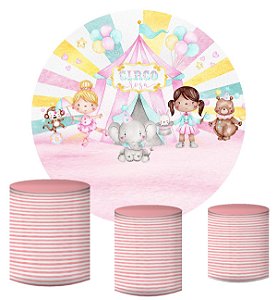 Kit Painel Redondo De Festa e Capas de Cilindro em tecido sublimado Circo Rosa das Meninas