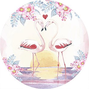 Painel de Festa Redondo em Tecido Sublimado Flamingos Pôr do Sol c/elástico