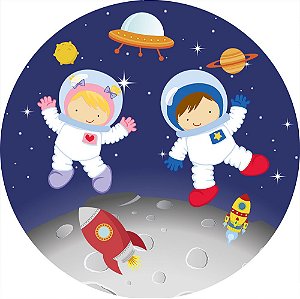 Painel de Festa Redondo em Tecido Sublimado Astronautas Cute Lua c/elástico