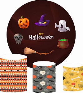 Kit Painel Redondo De Festa e Capas de Cilindro em tecido Happy Halloween