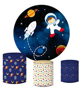 Kit Painel Redondo De Festa e Capas de Cilindro em tecido sublimado Astronauta Planeta