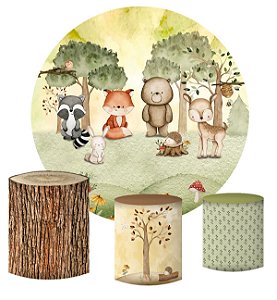 Kit Painel Redondo De Festa e Capas de Cilindro em tecido sublimado Belo Bosque Aquarela