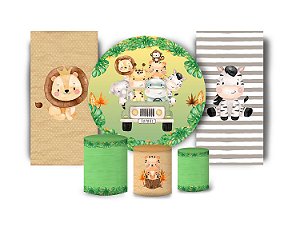 Super Kit Painel De Festa e Capas de Cilindro em tecido sublimado Jipe do Safari