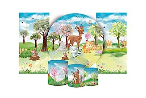 Super Kit Painel De Festa e Capas de Cilindro em tecido sublimado Bosque Florido Aquarela