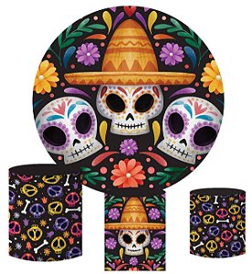 Kit Painel Redondo De Festa e Capas de Cilindro em tecido sublimado Dia de Los Muertos