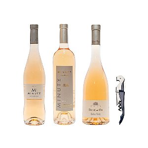 Trio Castas PREMIUM ROSÉ + Abridor Personalizado: 1 MINUTY ROSE 750ML + 1 MINUTY ET OR 750 ML + 1 MINUTY PRESTIGE 750ML