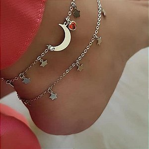 Kit  Tornozeleira Lua Com Zircônia Coral E Tornozeleira Estrelas  Banhada em Ródio Branco