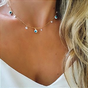 Choker Olho Grego e Cristais Banhado em Ouro 18K