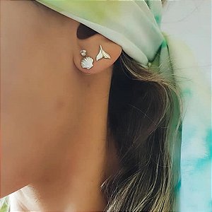 Kit Sereia Brinco Rabinho de Sereia e Brinco Conchinha Banhado em Ródio Branco