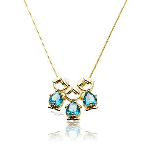 Colar Três Meninos com Zircônia Azul Banhado em Ouro 18K