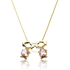 Colar Duas Meninas Com Zircônia Rosa Banhado em Ouro 18K