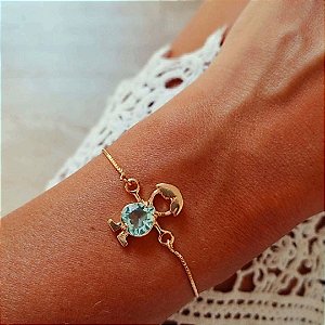 Pulseira Ajustável Menino Com Zircônia  Azul Banhado em Ouro 18K