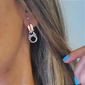 Brinco Zíper Com Zircônias Coloridas Banhado em Ouro 18K