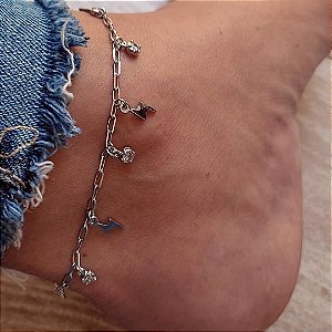 Tornozeleira com Pingente de Raios e Zircônias Cristal Banhada em Ródio Branco