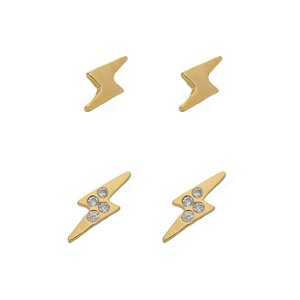 Kit Com 2 Brincos Formato De Raios Com Zircônias Banhado Em Ouro 18K