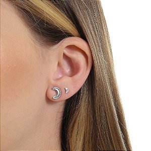 Kit Com 2 Brincos Formato Lua Com Zircônias Banhado Em Ródio Branco