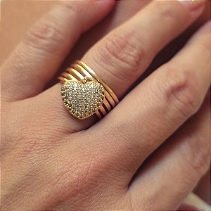 Anel Coração Cravejado Banho em Ouro 18K