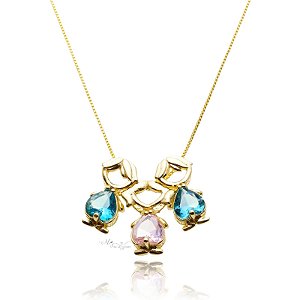 Colar Dois Meninos com Zircônia Azul e Uma Menina com Zircônia Rosa Banho em Ouro 18K
