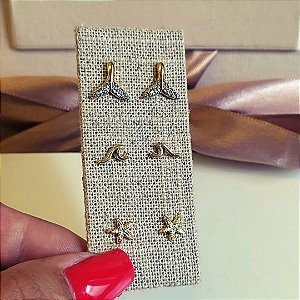 Kit Brincos A-mar com Zircônias Banho em Ouro 18K
