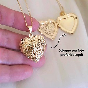Colar Relicário Coração Banho em Ouro 18K