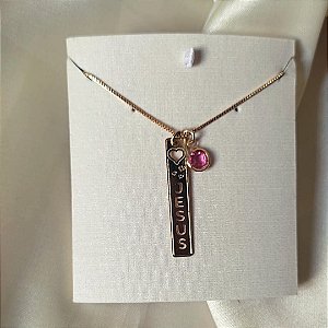 Colar Jesus Com Cristal Rosa Banho a Ouro 18K