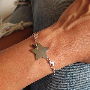 Pulseira Estrela com Mini Luas Banho em Ródio Branco