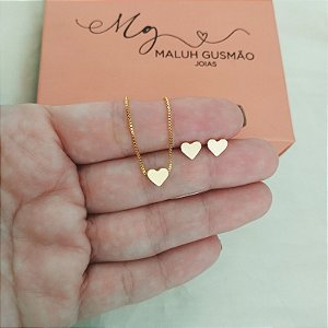 Conjunto Coração Liso com Banho em Ouro 18K